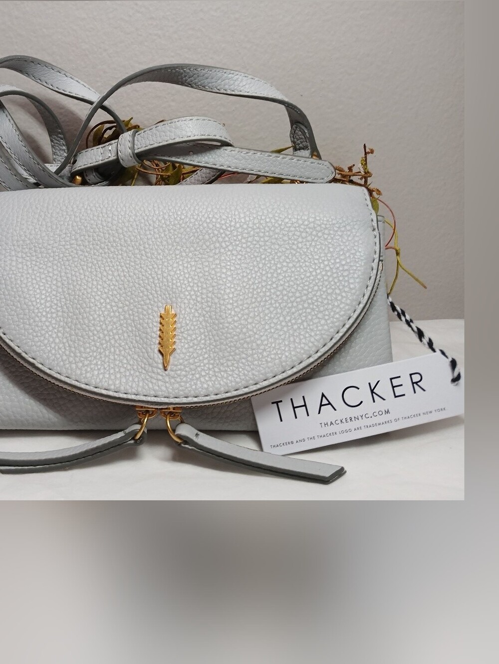 Thacker Light Gray Pebbled Leather Crossbody with Gold Leaf Accent